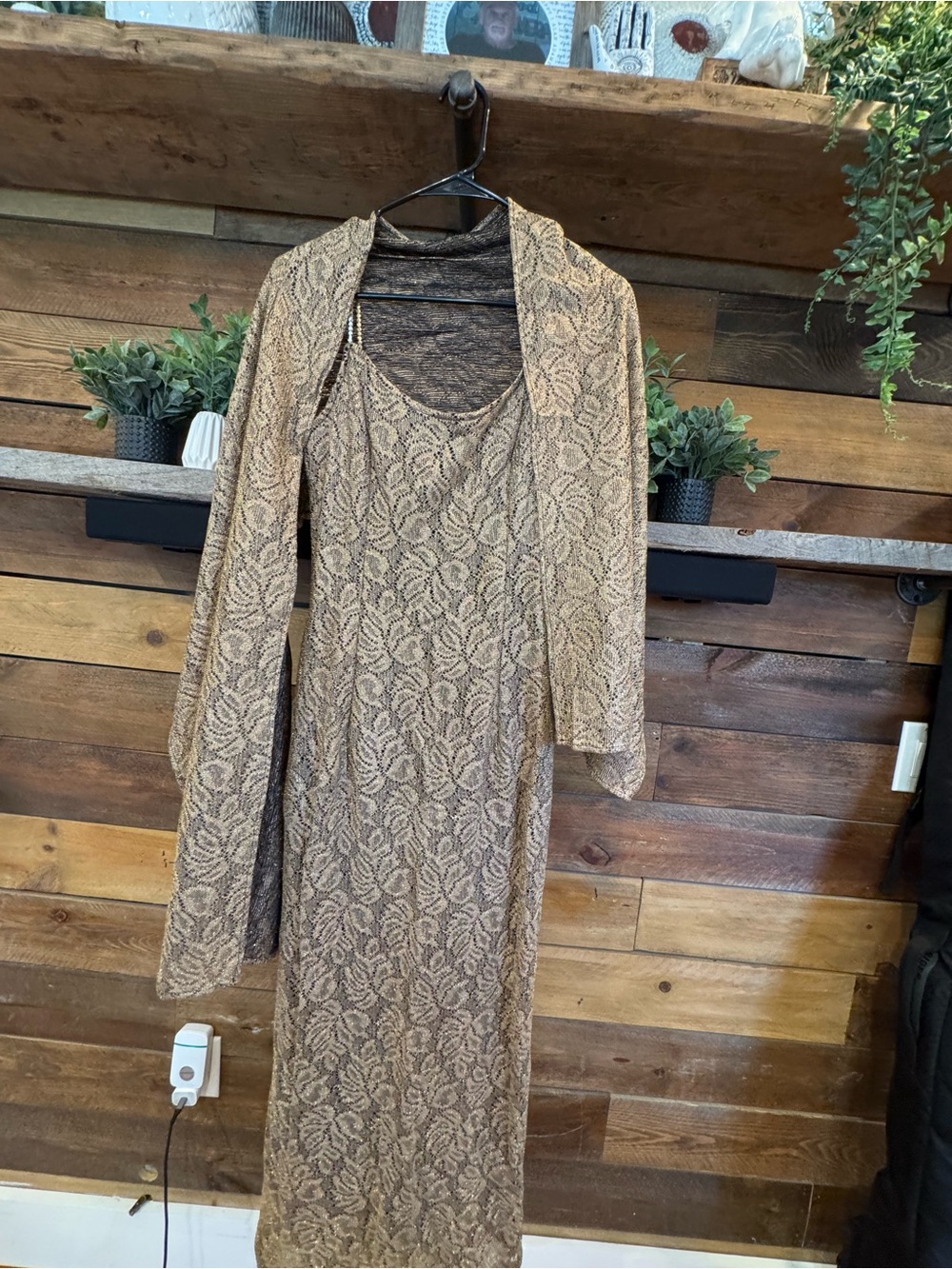 Bari Jay Tan Lace Midi Dress with Matching Duster